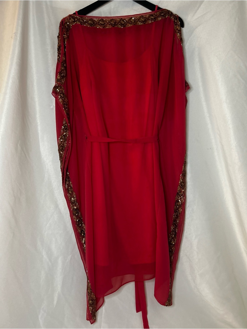 Aiden One-Shoulder Red Chiffon Dress with Gold Beaded Trim